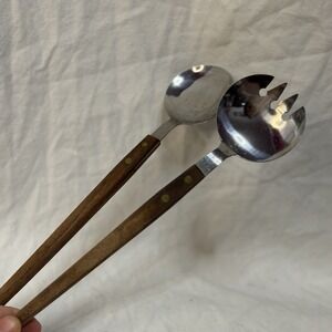 Vintage Stainless MCM Salad Tongs Fork Spoon with Mahogany Handles Made in Japan